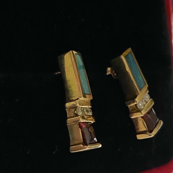TURMALINE, INLAID OPAL & DIAMOND IN 14KT GOLD RING  & EARRINGS.  Could Be Kavana - Picture 7 of 11